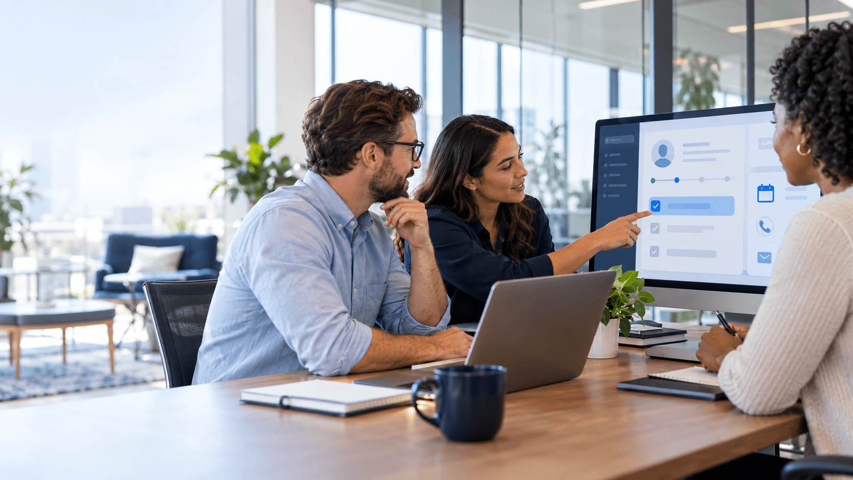 Sales team reviewing a CRM lead follow-up workflow on a monitor.