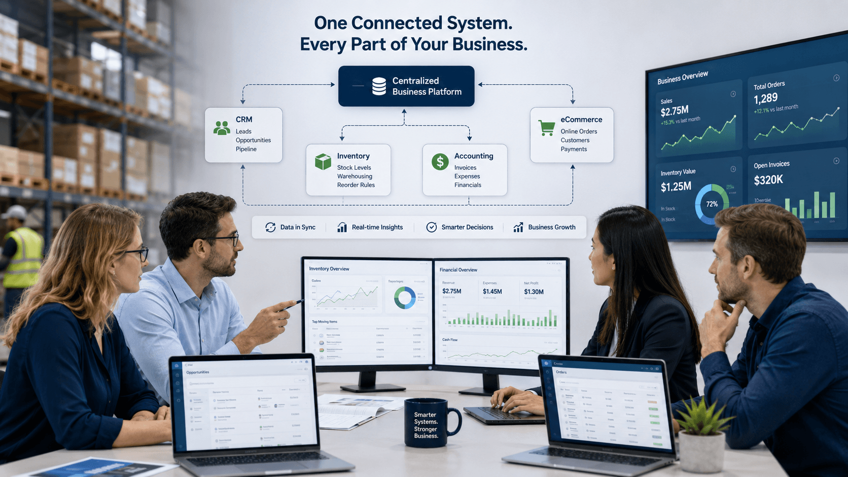 Business team reviewing a connected platform linking CRM, inventory, accounting, eCommerce, and management reporting.